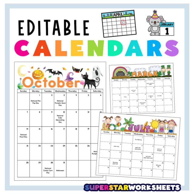 Editable Calendar (Free Printables) - Superstar Worksheets