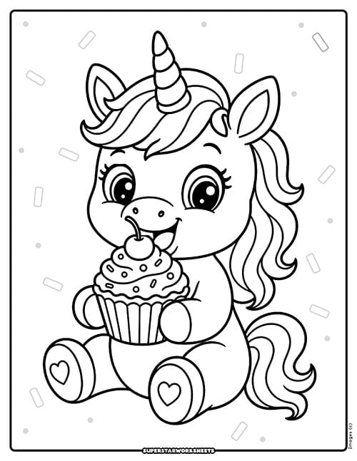 A baby unicorn sits with big eyes looking and holding a cupcake with sprinkles and a cherry on top.