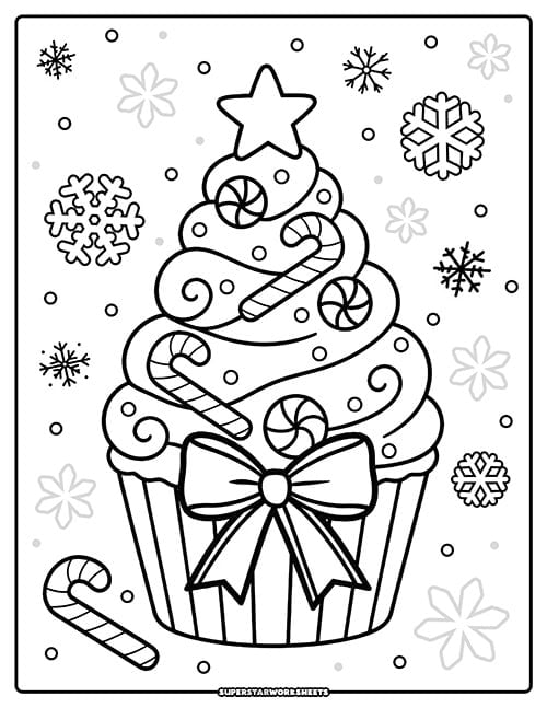 Christmas themed cupcake coloring page, frosting in the shape of a Christmas tree with candy canes, snowflakes, peppermints, and a bow to color in.
