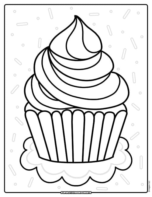 Simple cupcake coloring page with a tall swirled frosting top, a fluted wrapper, and a scalloped base.