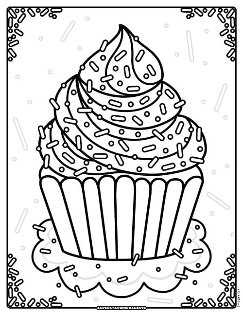 Sprinkle-covered cupcake coloring page with a swirled frosting top, decorative corner borders, and a scalloped wrapper base.