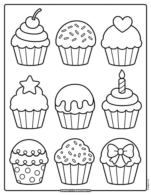 9 mini cupcakes to color in each with a different toping, cherry, chocolate sprinkles, heart, star, syrup, candle, dots, rainbow sprinkles, and bow.
