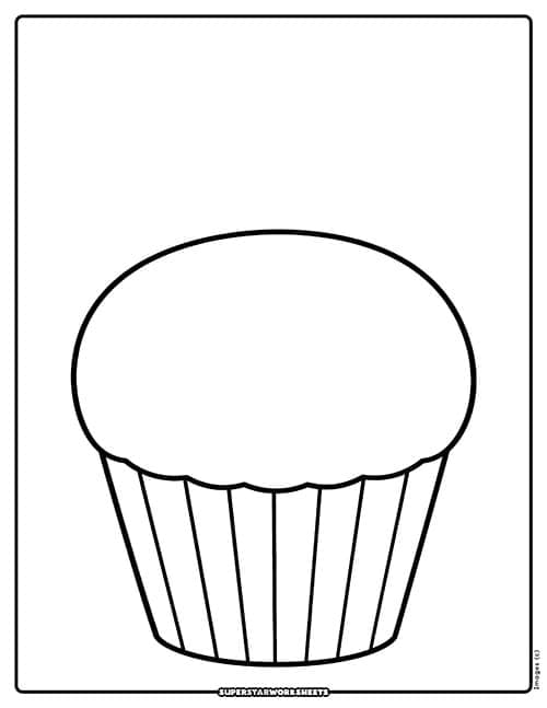 Plain cupcake coloring page for kids to draw and design their own toppings. Lots of room to add frosting, sprinkles, and berries.