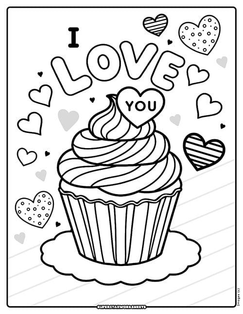 Valentine's Day themed Cupcake for kids to color in, with the words I LOVE YOU and hearts all around it.