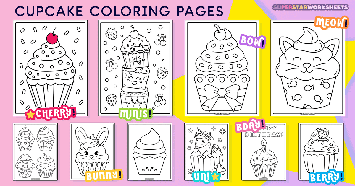 Free printable cupcake coloring pages from Superstar Worksheets