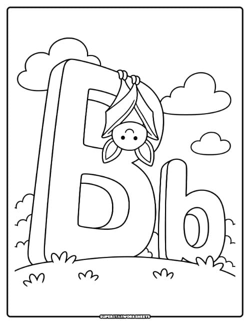 Bat coloring page featuring a large uppercase and lowercase letter B with a friendly bat hanging upside down from the top of the letter.