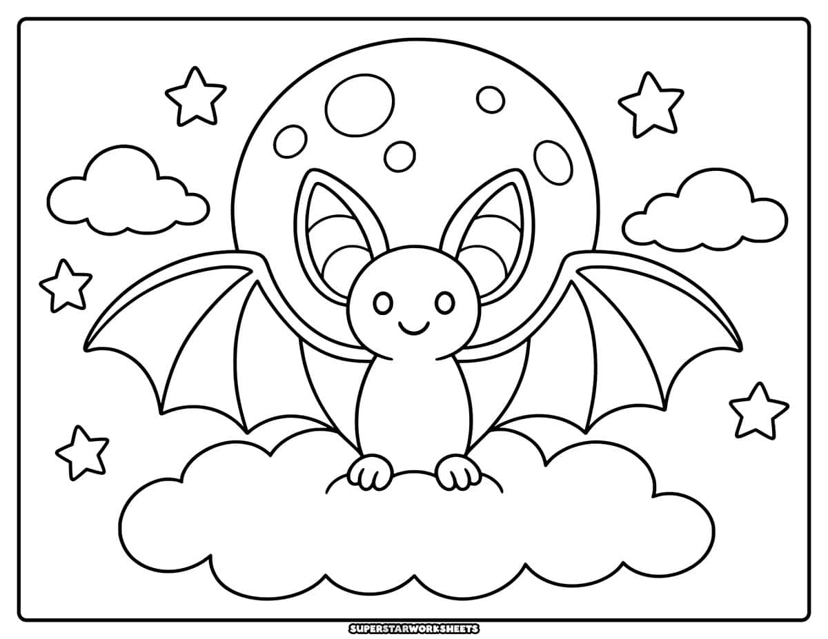 Bat coloring pages printed and partly colored, tilted on a table with coloring supplies.