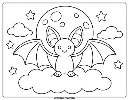 Bat coloring page featuring a friendly bat with wings spread sitting on a fluffy cloud in front of a big full moon and stars.