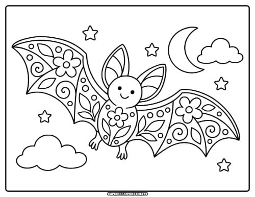 Bat coloring page featuring a bat with wings spread wide and its body and wings filled with swirling flowers, leaves, and geometric patterns.