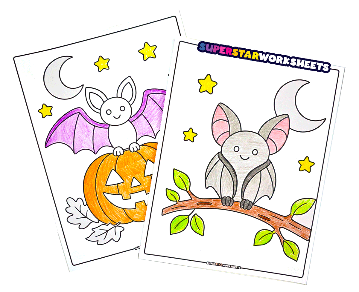 Bat coloring pages printed and partly colored, tilted on a table with coloring supplies.