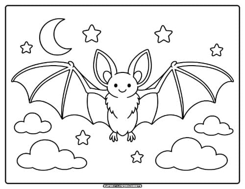 Bat coloring page featuring a front-facing bat with both wings stretched fully open showing each finger bone and wing membrane.