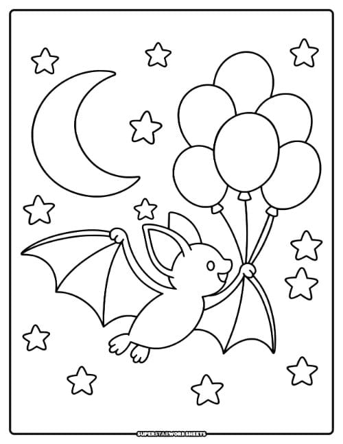 Bat coloring page featuring a cheerful cartoon bat holding a bunch of balloons and flying past a crescent moon.