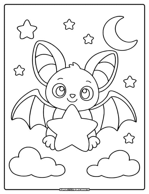 Bat coloring page featuring a cute front-facing bat with big round eyes and a small smile hugging a star in the night sky.