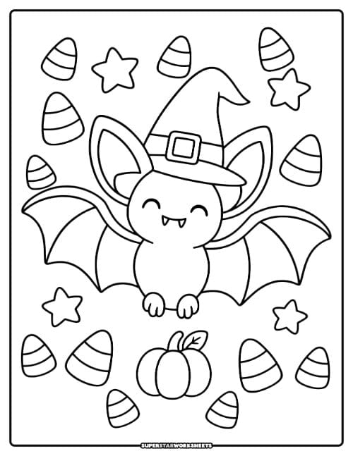 Bat coloring page featuring a cute Halloween bat wearing a witch hat surrounded by candy corn, stars, and a small pumpkin.