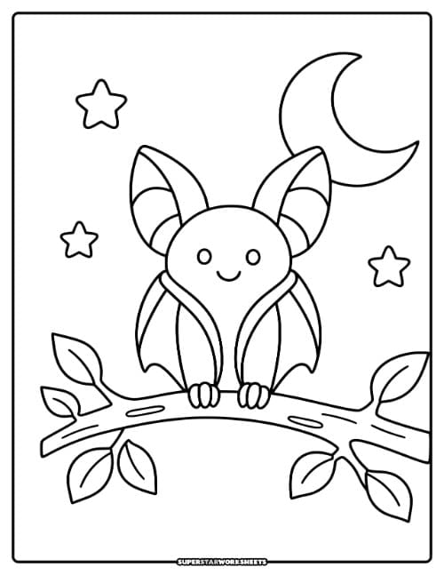 Bat coloring page featuring an easy smiling round bat with folded wings resting on a branch beside a crescent moon.
