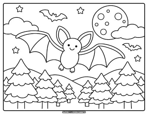 Bat coloring page featuring a flying bat over a forest of pine trees under a full moon with more bats in the distance.