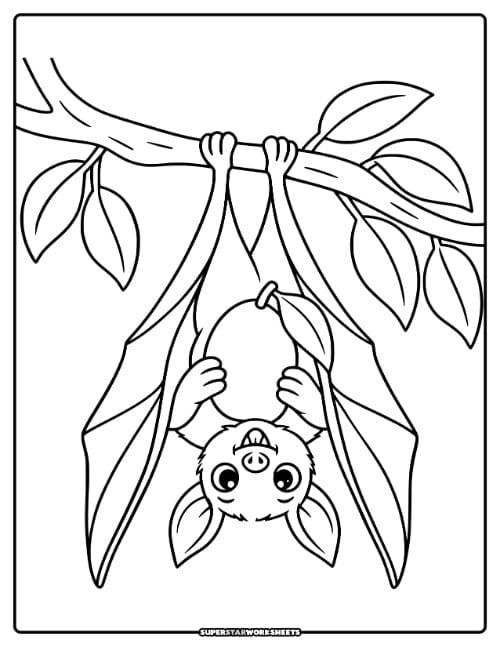 Bat coloring page featuring a fruit bat with a fox-like face hanging upside down from a tree branch holding a ripe mango.