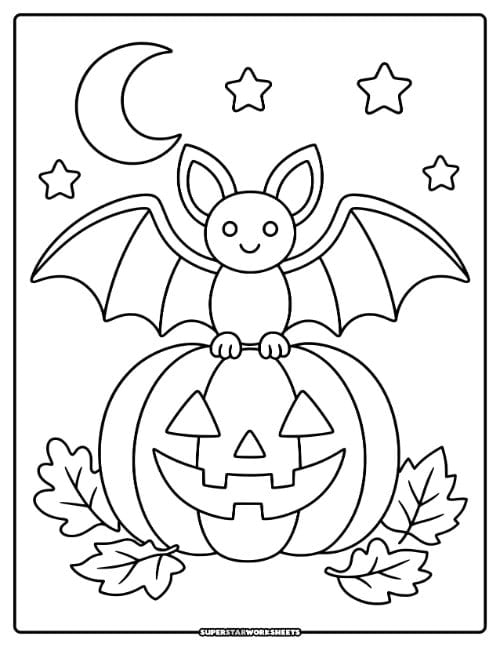 Bat coloring page featuring a Halloween bat perched on a carved jack-o'-lantern with a crescent moon, stars, and autumn leaves.