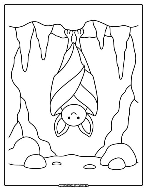 Bat coloring page featuring a hanging bat upside down inside a rocky cave with its wings wrapped around its body beside stalactites.