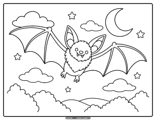 Bat coloring page featuring a realistic little brown bat in flight with its fur, pointed ears, and wing bones visible against a dusk sky.
