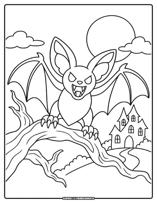 Bat coloring page featuring a scary snarling bat with sharp fangs and glowing eyes perched on a gnarled branch outside a haunted house.