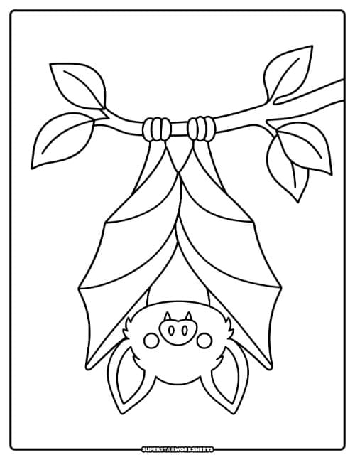 Bat coloring page featuring a vampire bat crawling along a tree branch with pointed ears, a pug-like nose, and tiny fangs.